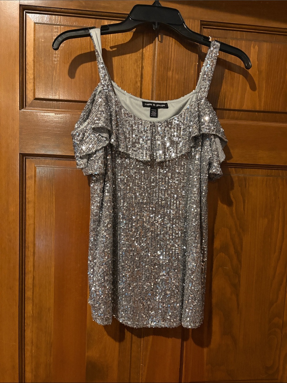 Cable & Gauge Silver Sequin Ruffle Cold Shoulder Camisole